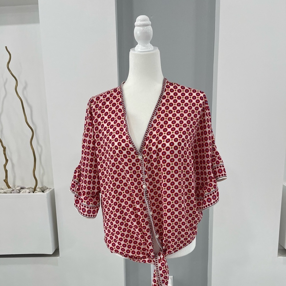 Max Studio Red and White Ruffled Tie Front Blouse